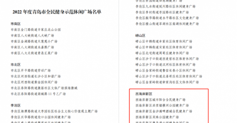 城市陽臺景區(qū)、金沙灘啤酒城、雙珠公園獲評“2022年度青島市全民健身示范休閑廣場”